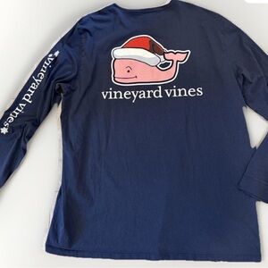 Vineyard Vines Santa Hat Whale Pocket Long Sleeve T-Shirt Navy Blue Sz M